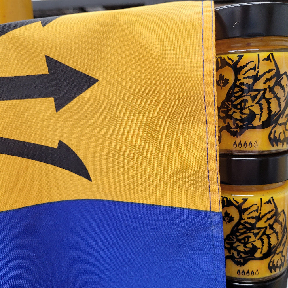 Close-up of a yellow and blue bag with black designs, including a tiger and arrows.